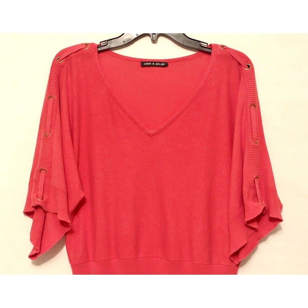 Cable & Gauge Sweater Shirt Blouse Top Short Sleeve Boho Chic Coral Salmon